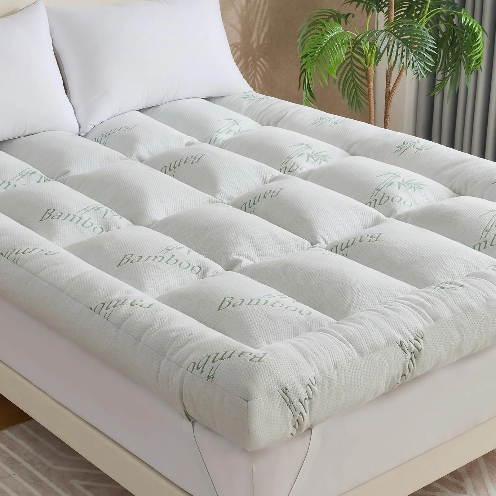 Queen Size 5-Inch Rectangular Memory Foam Mattress Topper - Bamboo Viscose Cooling Breathable Air Layer, Soft Sleep Support, 4 Stable Anchor Elastic Straps, Back Pain Relief, 5 In
