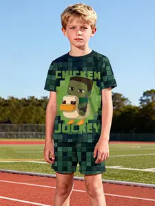 Trendy and Cool Boys' Summer Outfits: Pixel-style Hulk Riding a Chicken 2-piece Short-sleeve and Shorts Set, 100% Polyester Casual Loose Set, Summer Fun Printed Patterns, Outdoor Sports T-shirt Set, the Perfect Gift for Boys
