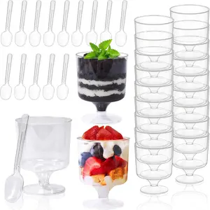 100 PCS Plastic Dessert Cups with Bases, Bpa free plastic, Includes 50 Spoons and 50 5oz Mini Parfait Cups for weddings, Christmas, birthday parties & holiday celebrations Perfect for pudding, fruit, yogurt, mousse, ice cream