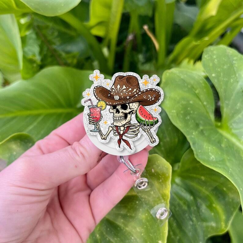 Skeleton Cowboy Badge Reel: Spooky Western ID Holder