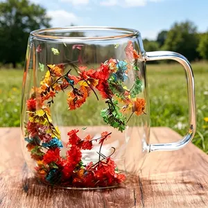 1pc Double-Walled Glass Coffee Mug with Real Flower Design - Multiple Colors, Durable, Aesthetic Cup for Hot & Cold Beverages, Perfect for Home or Office Use