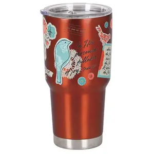 360 Stand 30oz Stainless Steel Vacuum Flask Water Bottle - Portable Vintage Floral Bird Design Red Beverage Tumbler with Plastic Lid, Stainless Vacuum Flasks, Bottle Vacuum Flasks, Cup With Lid Vacuum Flasks