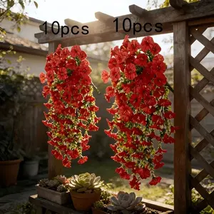 10 pieces of outdoor realistic red morning glory hanging plants - resistant to UV rays, maintenance-free, lifelike flowers. Suitable for home, garden, porch, terrace, balcony and garden decoration. For Valentine's Day, Easter, spring and summer wedding ar