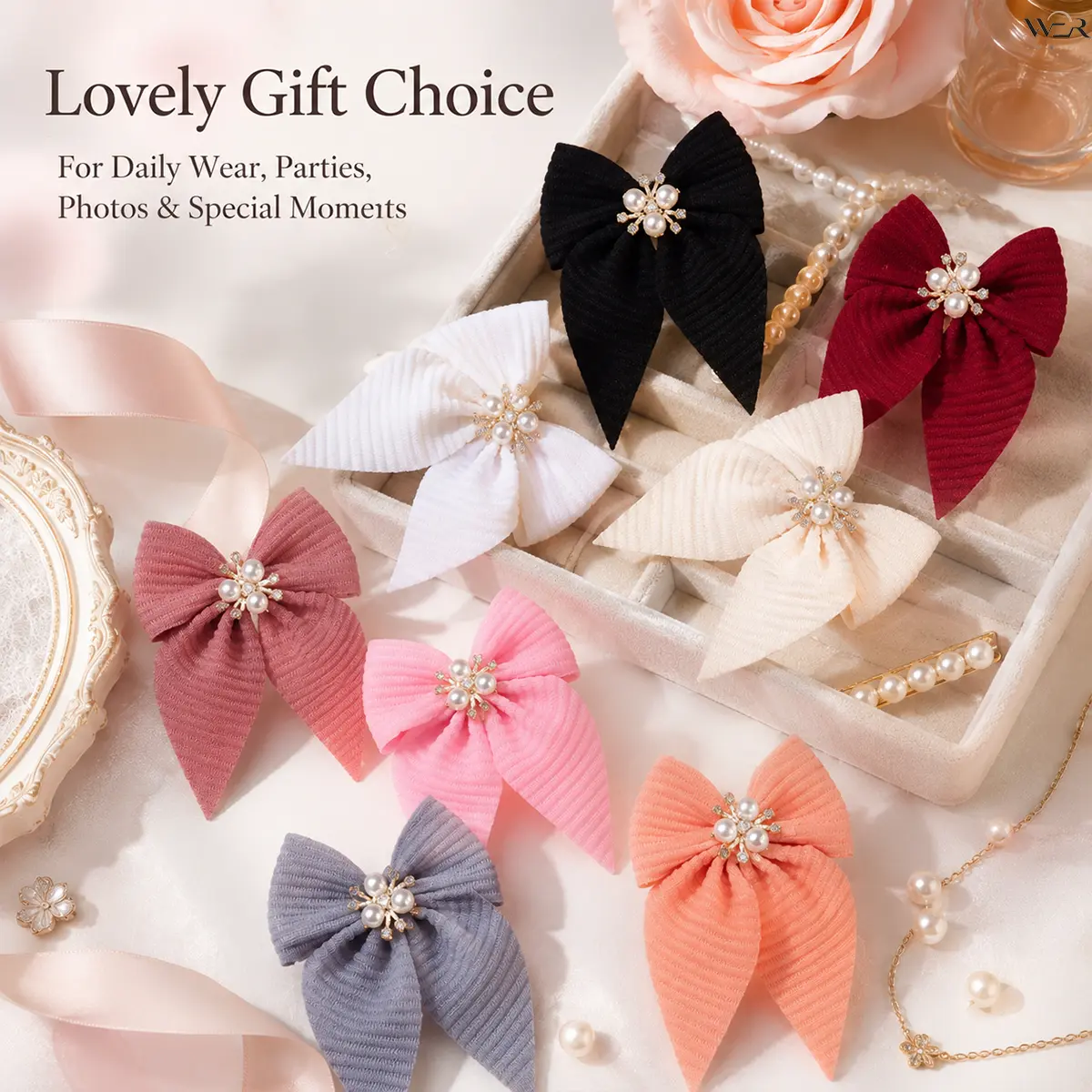 Women's Pleated Fabric Long-Tail Bow-Knotted Hair Clips - Cute, Bedazzling Style, Pink/Red/Black, Lightweight, Comfortable, Versatile, Dainty Pearl & Rhinestone Hair Accessories for Daily Wear, Perfect Gift for Women and Girls
