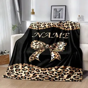 Personalized Custom Name Leopard Print Bow Floral Vintage Flannel Blanket - Soft Comfortable Material, Digital Printing, All-Season Throw Blanket, Machine Washable Gift for Relatives - Ideal for Nap, Camping, Throw Blankets, Blankets