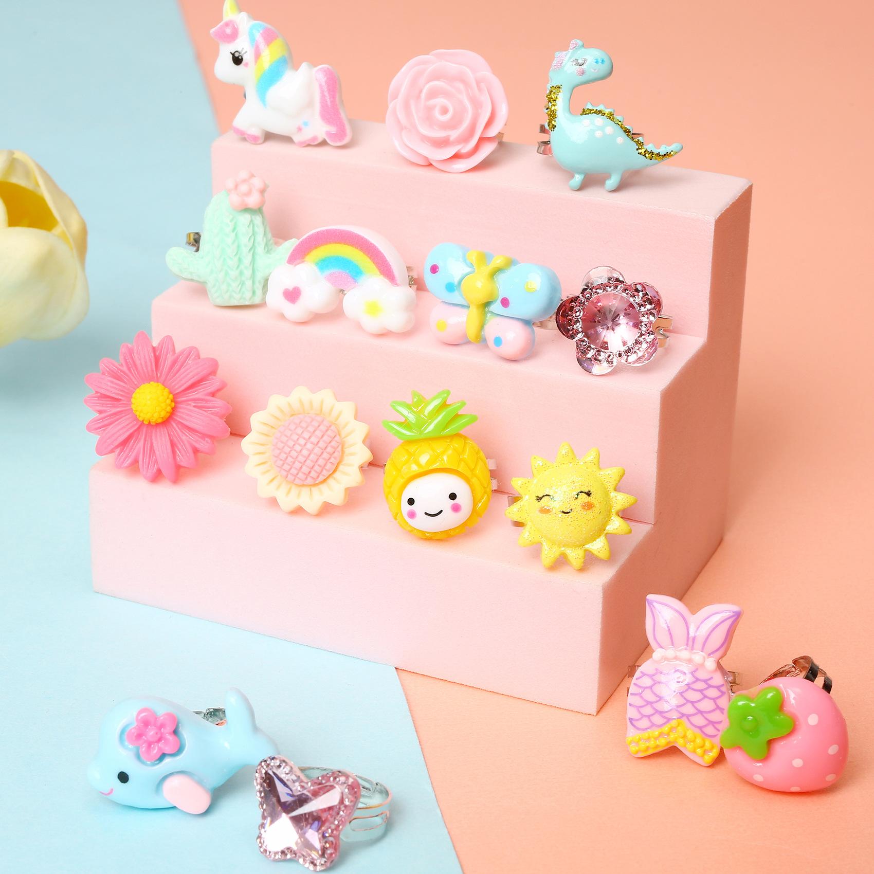 Kids Gifts Adjustable Ring 24P Pink Sheet Cute Rings for Girls - Pink Theme, Nickel Free, Safe Materials, Suitable for Ages 3-8, Birthday Gift