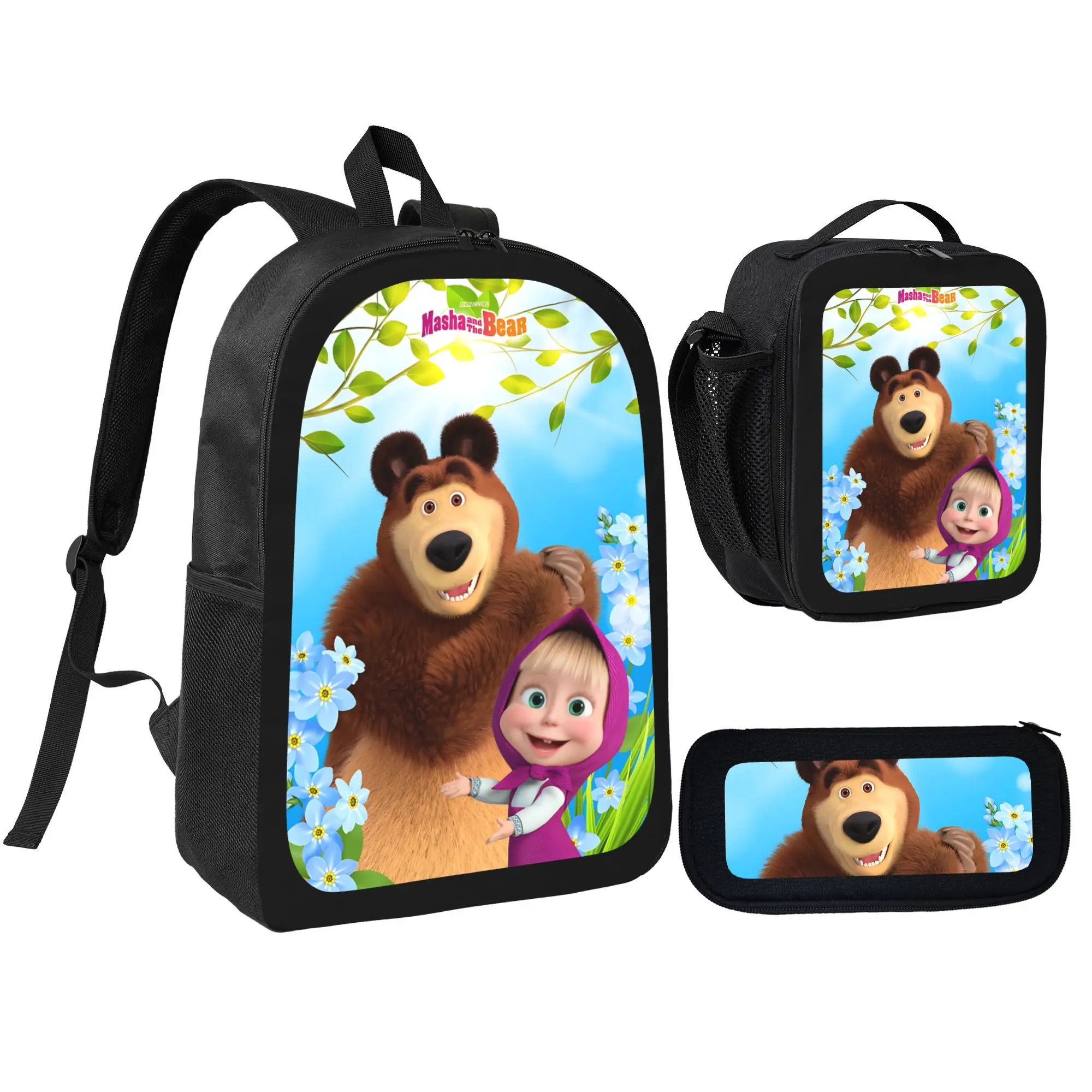 Masha and the Bear 3-Piece Casual Unisex Backpack Set - Tough Lightweight Polyester School Backpack, Pencil Bag, Insulated Lunch Box for School Daily Use, Outdoor Activities