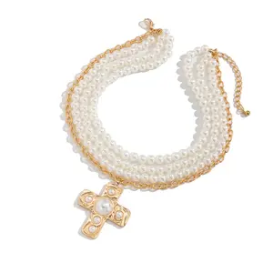 Elegant Gold Crosses Pendant Necklace with Imitation Pearls Beads for Women