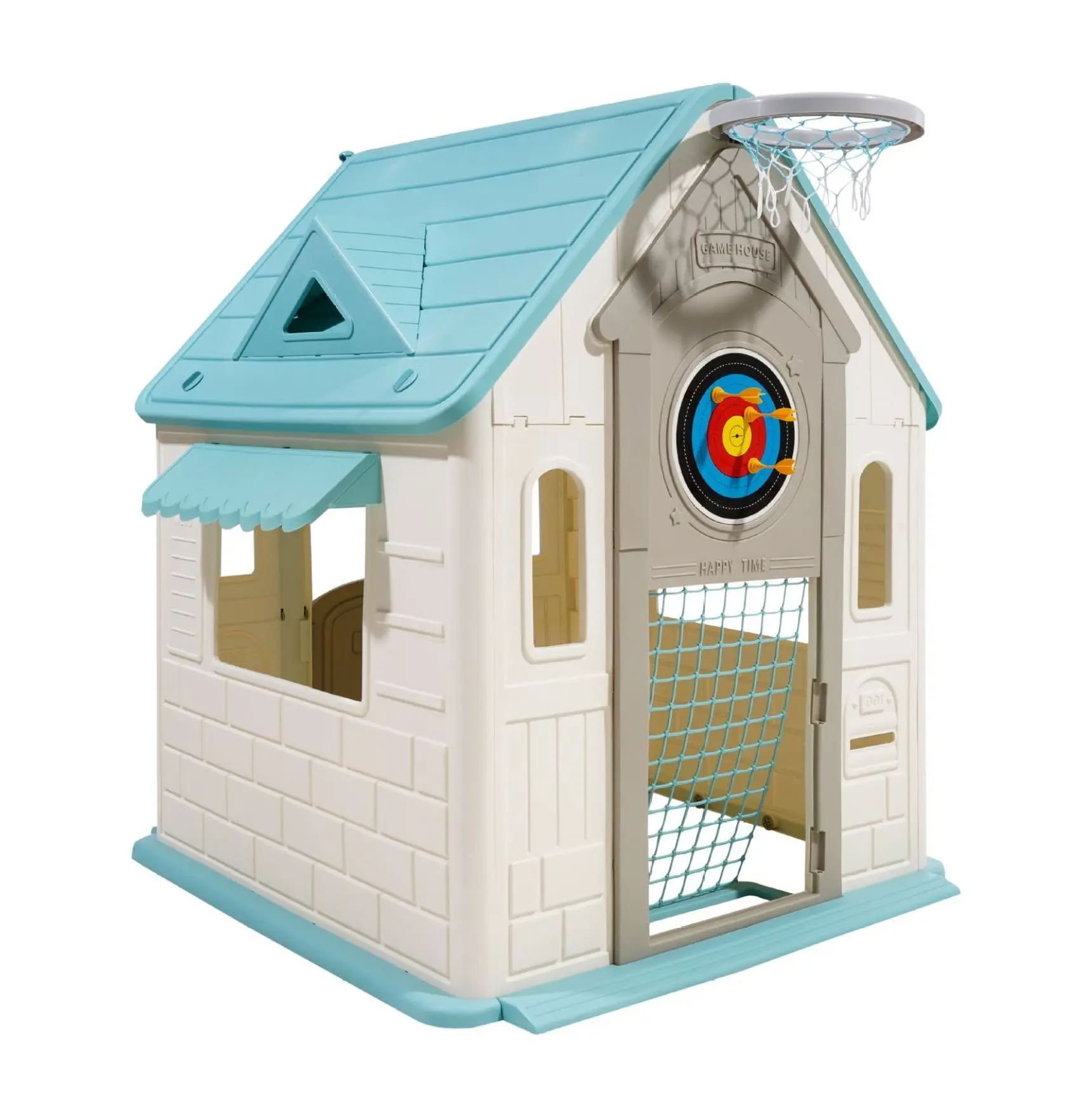 Outdoor Playhouse 5-in-1 Cottage Play House - Basketball, Soccer, Darts, Ring Toss, Slide - Toddler Play Set Ages 2+ - PP Plastic 1-2 m³ Closed Type