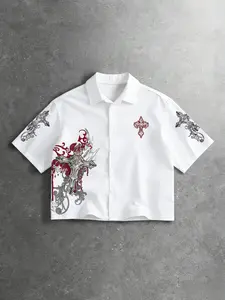 Men's Street Style Single-Breasted Short Sleeve Casual Shirt Y2K, All over Print, Fashionable Summer Wear, Comfortable Fit