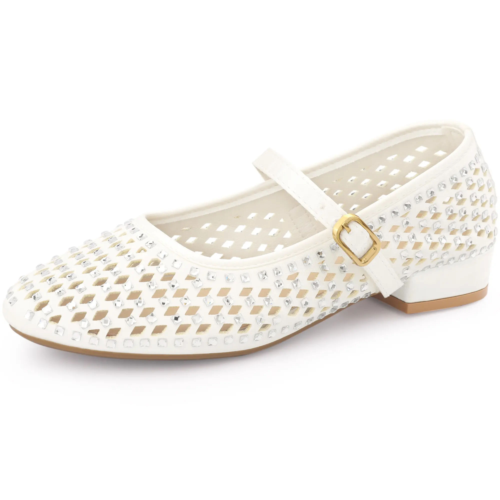 BLISSFUL STEP Women's Rhinestone Round Toe Low Block Heels Cream Pumps