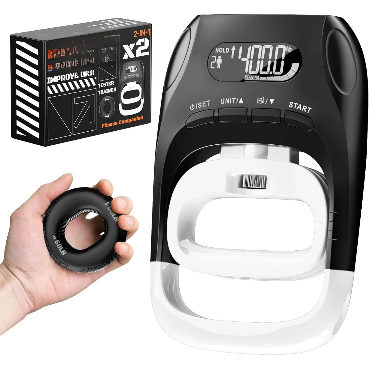 2-in-1 Grip Strength Tester-Trainer Combo Set - Digital Hand Dynamometer with LCD Display, Max 400lb/180kg Capacity, Ergonomic Design Resistance Ring for Gym, Rehab