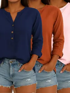 3-Pack Women's Linen Oversized Collared Shirts - Faux Button, Half Sleeve, Loose Fit, Breathable Casual Tops for Versatile Wear
