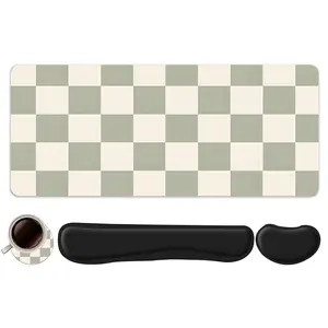 4pcs Green and Beige Checkerboard Design Mouse Pad + Keyboard Wrist Rest + Ergonomic Mouse Pad + Coaster Set For Desktop Decoration, Office Accessories Set Ergonomic Wrist Support, Computer Mat Mouse Pad Coaster Suitable For Home Office Gaming Mousepad