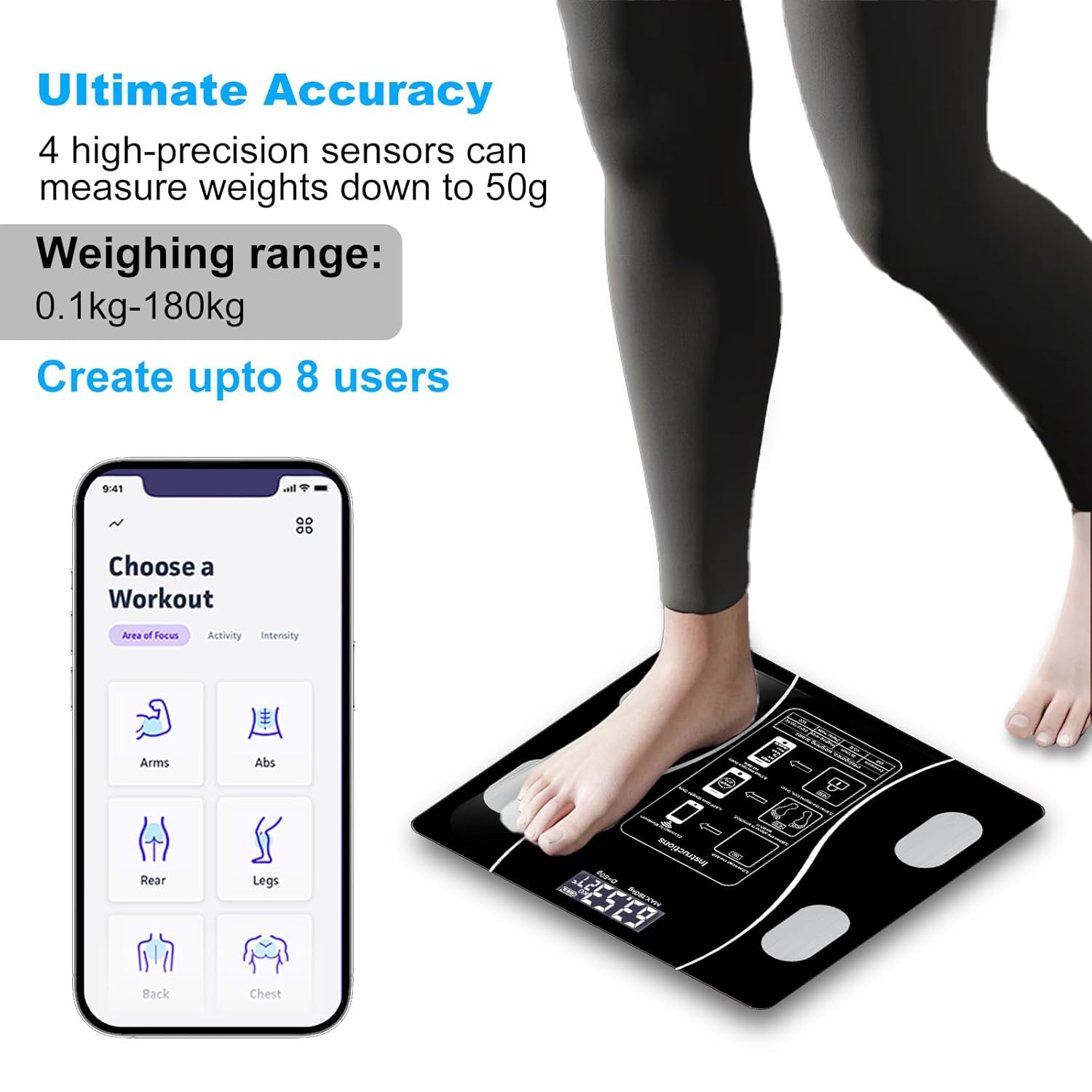 Smart Bathroom Scale for Body Weight, Digital Weighing Scale with BMI, Body Fat, Muscle Mass, Bluetooth Machine for People, Work with App, Compact Size, 400lb
