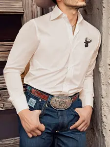 Men's Casual Business Deer Head Print Long Sleeve Fitted Shirt, Buttoned Suit Jacket Inner Layer, Perfect for Jeans or Dress Pants, Office Commute, Casual Collared Shirt, Tops
