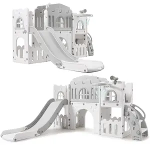 Gray Toddler Slide 8 in 1 Toddler Playset for Toddlers Age 1-3, Baby Playset for Indoor Outdoor Playground with Climber, Crawling Tunnel, Basketball Hoop, Telescope, Toy Storage