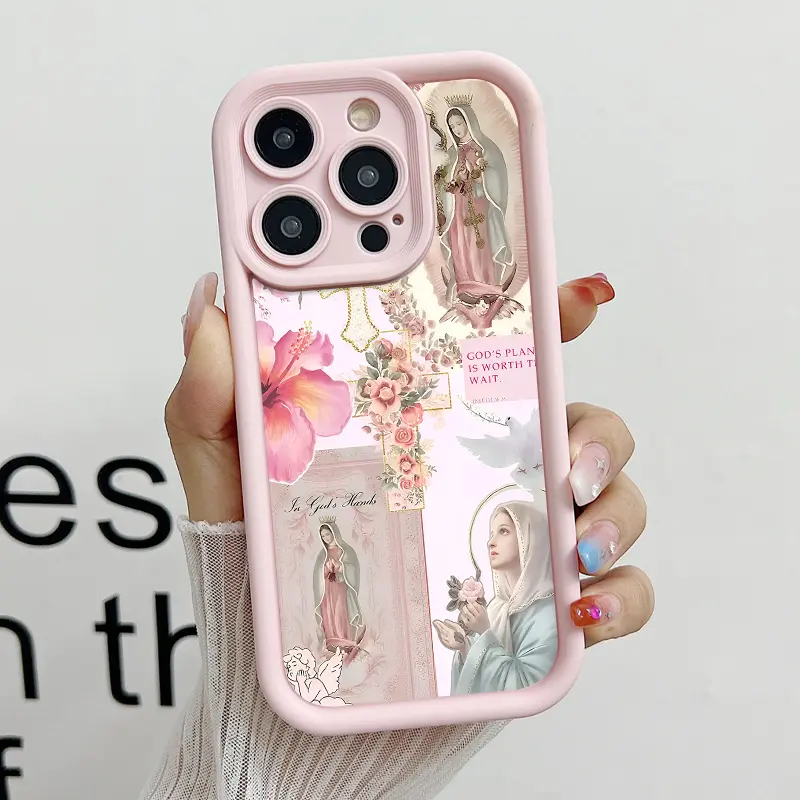 Virgin Mary Pattern Soft Silicone Phone Cover - Full Protection, Shockproof, Easy Cutouts Fit Casing for iPhone 18,17,17E,16,15 Pro Max,14,13,12,11,XS Max,Plus,Air,Mini, Pink Girl Phone Accessories