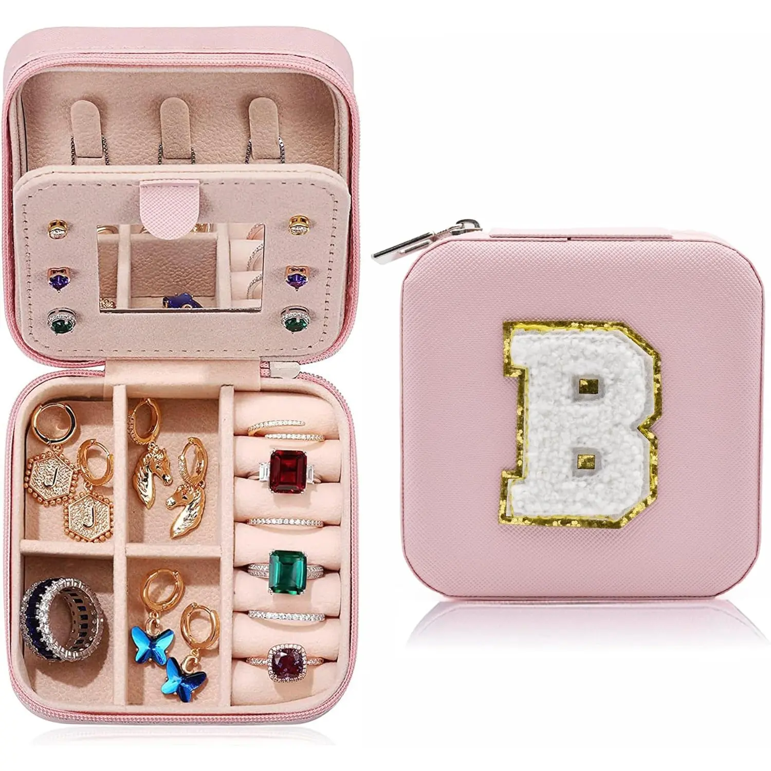 MODENGKONGJIAN Travel Jewelry Case for Women Fashion, Ring Necklace Earring Jewelry Holder Organizer Box, Small Portable Personalized Pink Jewellery Storage Box, Christmas Gifts Initial B MODENGKONGJIAN