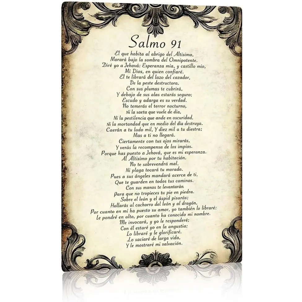 8x12in Waterproof Traditional Rustic "Salmo 91" Spanish Psalm Aluminium Metal Print Sign - Christian Wall-Mount Ornament, Vintage Religious Home Decor with Scrollwork, Religious Gift Decoration, Water Proof, Ornaments