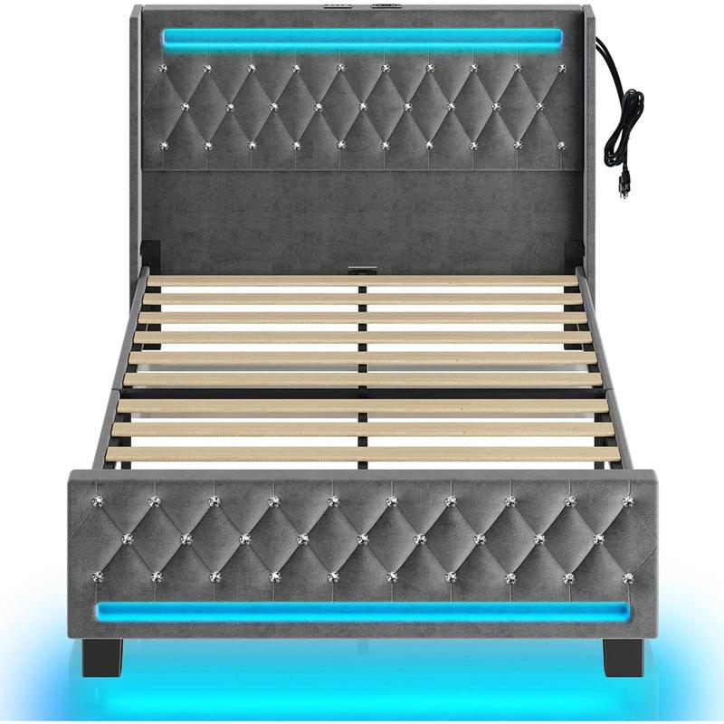 Queen Bed Frame with LED Light and Charging Station, Upholstered High Headboard and Footboard, Wood Slats, Noise Free, Easy Assembly, Grey