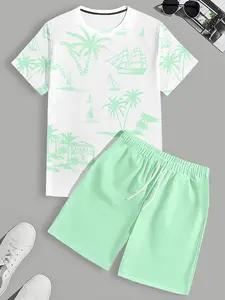 Vacation style palm tree sailboat men's set, light green full print beach casual two-piece