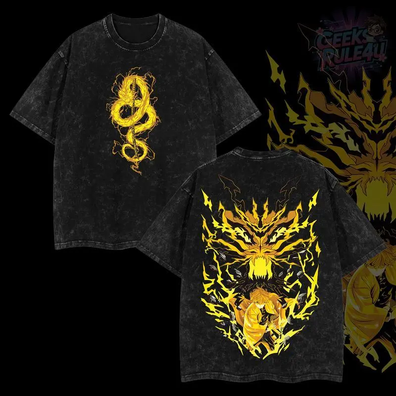 Men's Anime Graphic Menswear Top - Zenitsu Demon Slayer Streetwear T-Shirt, Casual Distressed Cotton Shortsleeve with Relaxed Oversized Fit, Anime Decal Men's Short-Sleeve T-Shirts, Tshirt