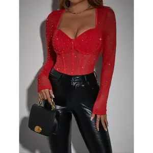 fashion outfits Women's Glitter Sequin Decor Sweetheart Neck Sheer Longsleeves Bodysuit, Elegant Long Sleeve Open Crotch Design Bodysuit for Party Holiday Vacation, Chic Ladies Clothes for All Seasons, Feminine Womenswear, Swimsuit Bodysuit