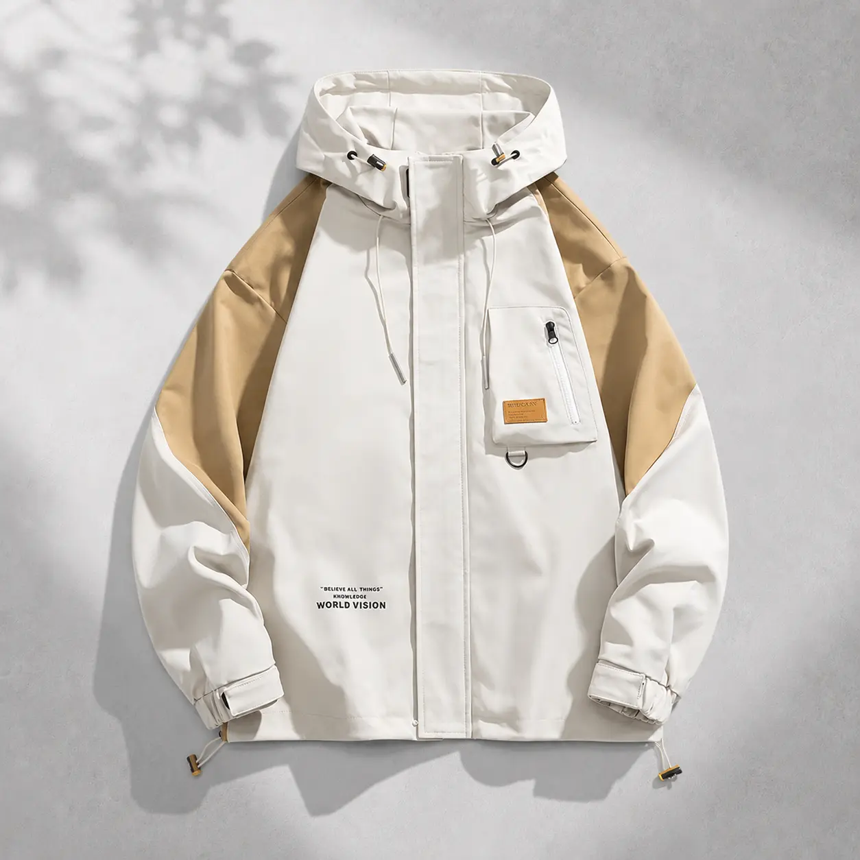 Men’s color-block hooded windproof jacket, waterproof zip outdoor workwear jacket, leather patch pockets streetwear casual jacket Menswear Sweatshirts Tops Sweatshirts Tops Aesthetics Cargo