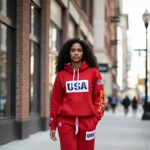 Red USA Hoodie - Fitted Long Sleeve Medium Length USA-Themed Hoodie for Casual all Season Wear