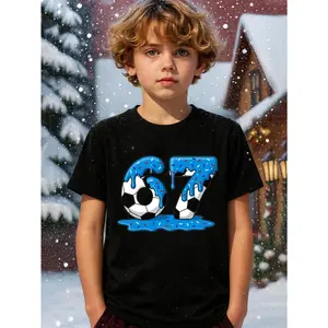 Young Boy's Soccer SIX SEVEN 67 Meme Fun Funny Christmas 67 Meme Fun Graphic Cotton T-Shirt For Young Boys, Black Fabric Color Christmas Family Gift Shirts For Christmas Holiday Fun Young Boys T-Shirt - Soccer Ball Dripping Icing Pattern, Summer Kids Funn