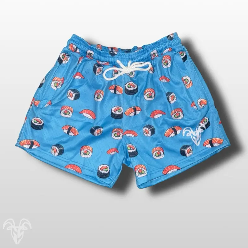 Goat Strength 5" Inseam Mesh Shorts - Cartoon Sushi Themed Design - Athletic stretchy material breathable for workouts or just casual wear