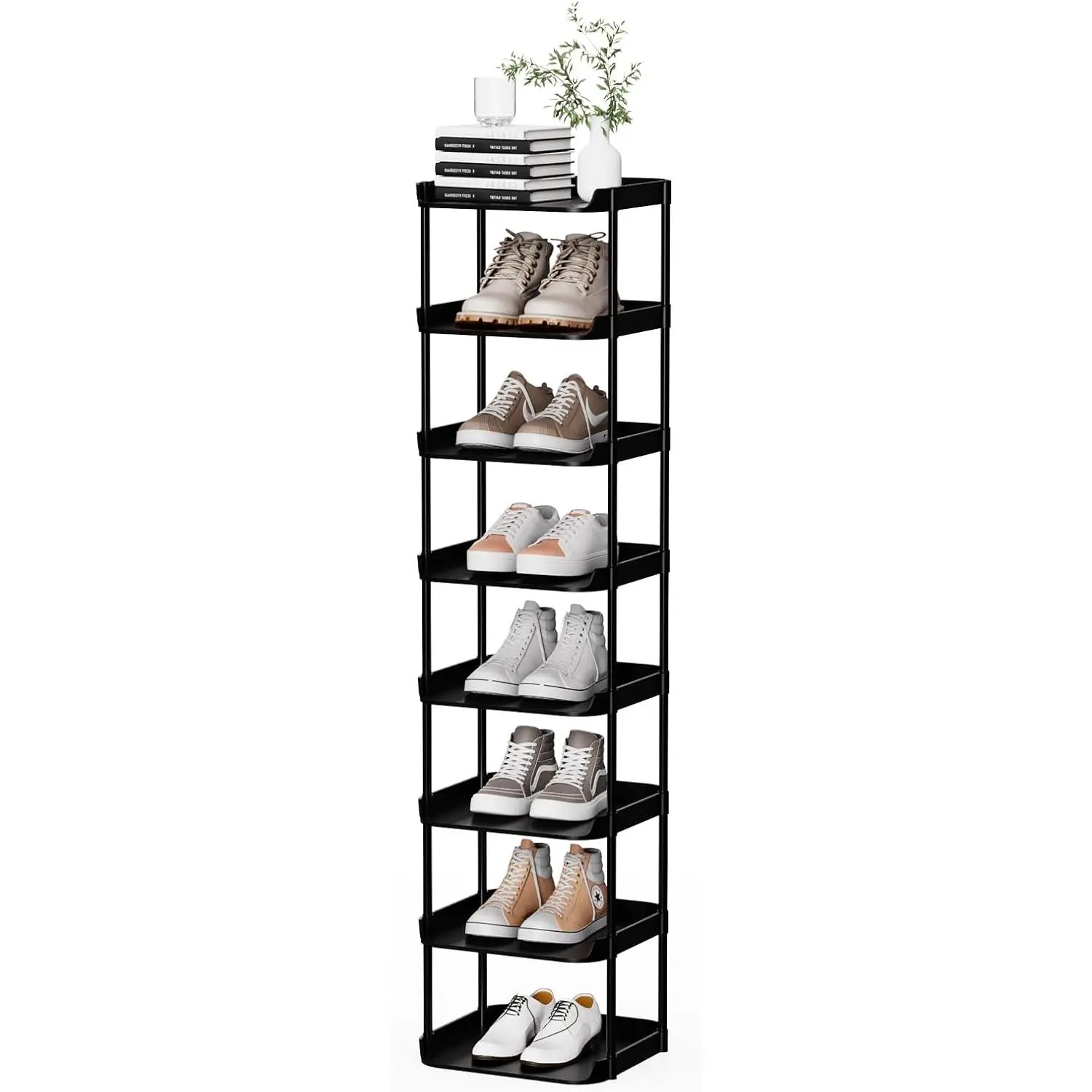 8 Tier Vertical Narrow Shoe Rack, Stackable Tall Skinny Shoerack, Compact Single Shoes Storage Tower for Slim Space, Corner Plastic Shelves, for Hallways, Entryway, Bedrooms Organizer, Black