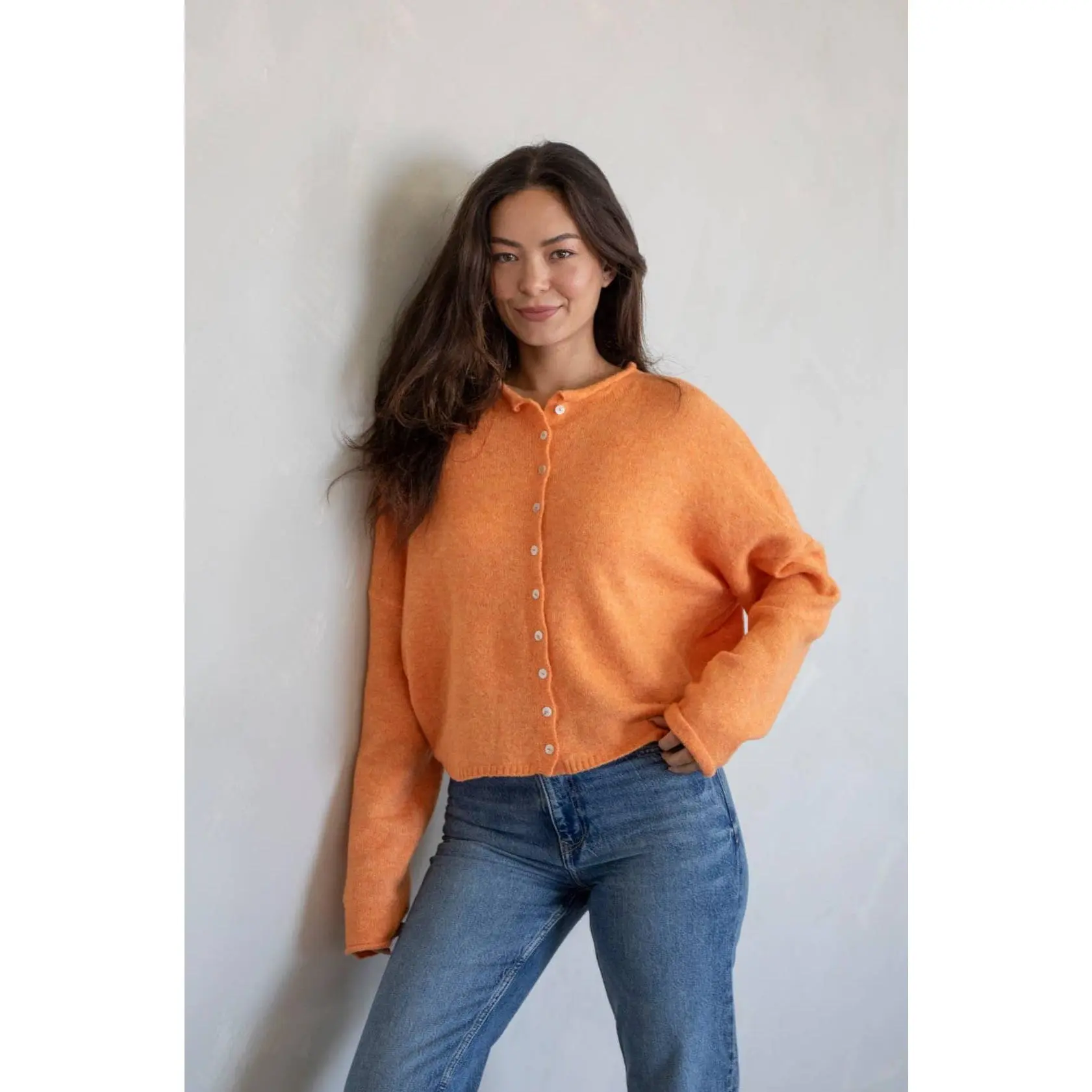 Orange Piper Cardigan - Long Sleeve Casual Knitwear for Women, Lightweight & Stylish, Autumn Wear, Rolled Edge Finish