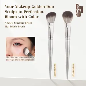 GUOXIAONIU Golden Angled Contour Brush & Flat Blush Brush Ultra Soft Bristles for Slim V-Shaped Face & Radiant Complexion Rose Gold #421 #422