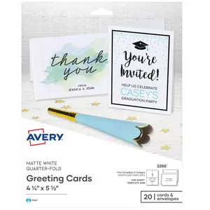Avery Printable Quarter-Fold Greeting Cards, Envelopes Included, 4.25" x 5.5", Matte White, Inkjet Printer Compatible, 20 Blank Cards Total (3266)