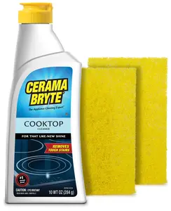 Cerama Bryte Combo Kit Pads & Removes Tough Stains Cooktop and Stove Top Cleaner for Glass - Ceramic Surfaces, 10 Ounces