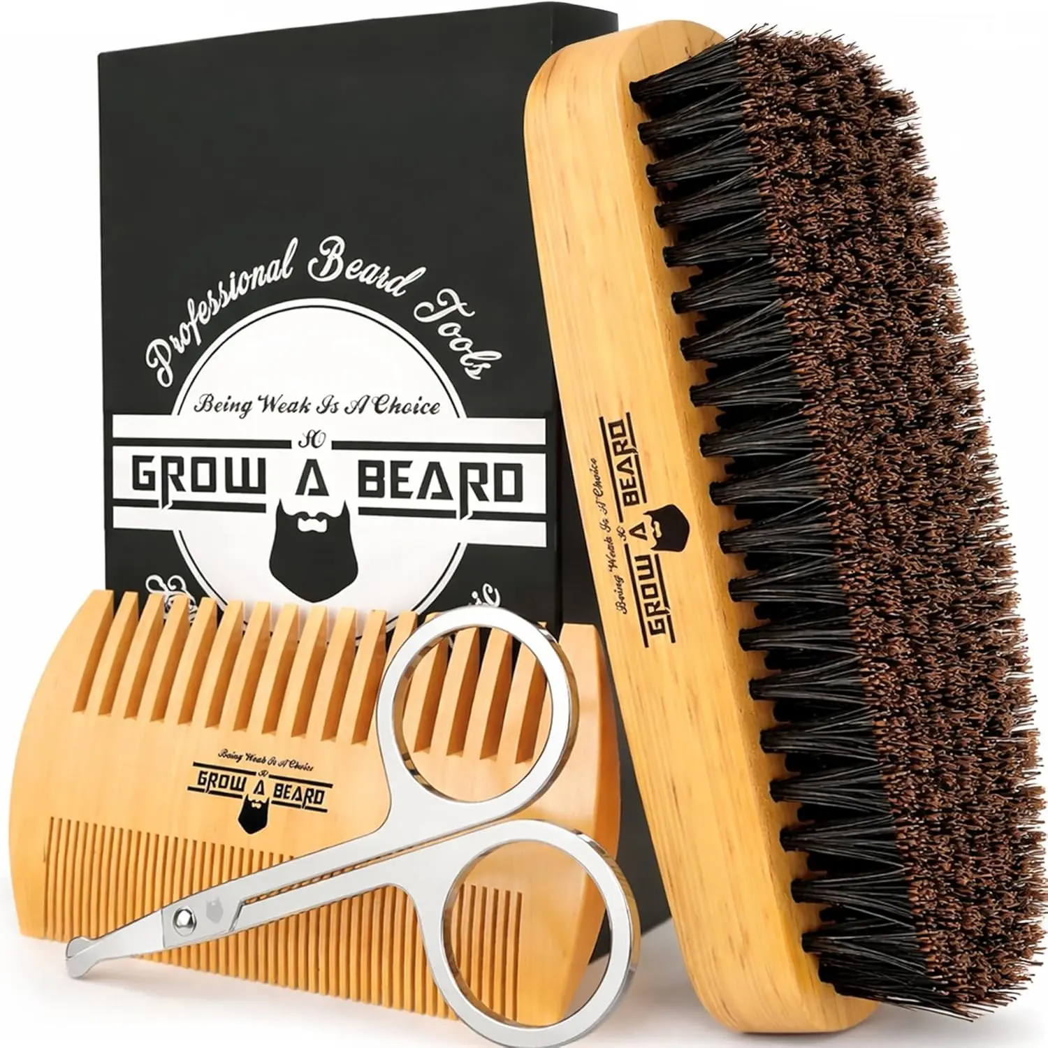Beard Brush For Men & Beard Comb Set w/Mustache Scissors Grooming Kit, Natural Boar Bristle Brush, Dual Action Wood Comb, And Travel Bag Great For Christmas Gift
