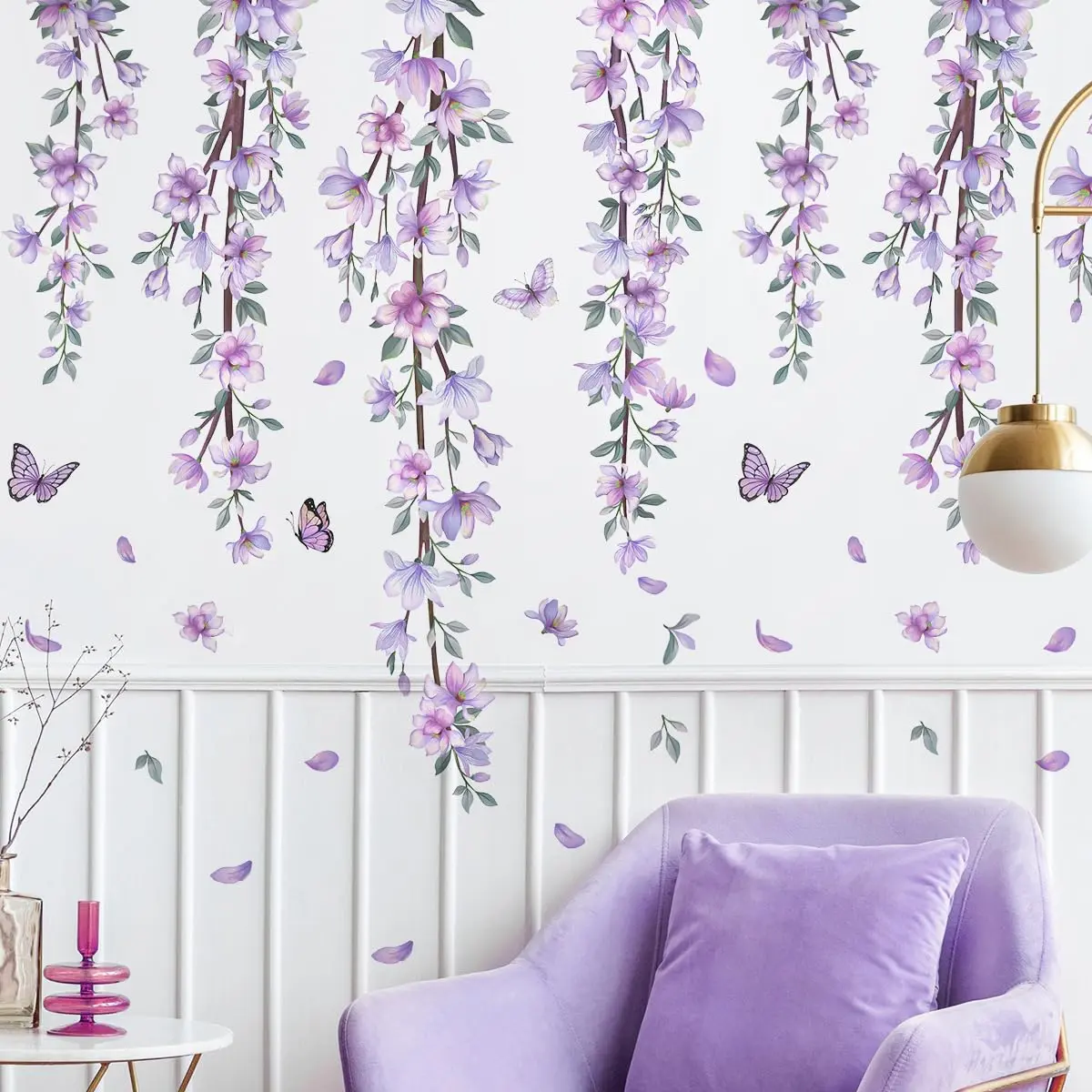 Hanging Creative Removable Diy Purple Flower And Vines Some Flying Butterfly Wall Sticker Waterproof Vinyl Decal Decor For Home Bedroom Room Living Corner