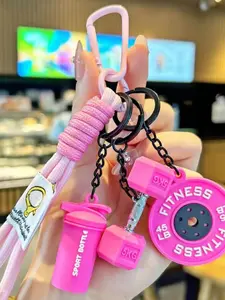 Sports Fitness Keychain Lanyard, Keychain Wristlet Strap, Barbell & Dumbbell Pendant KevchairWith Woven Black White Pink Rope,Barbell &Dumbbell Bag Purse Charm & JewelryAccessorv,Barbell Dumbbell Fitness Workout Weightlifting Weight PlateKeychain