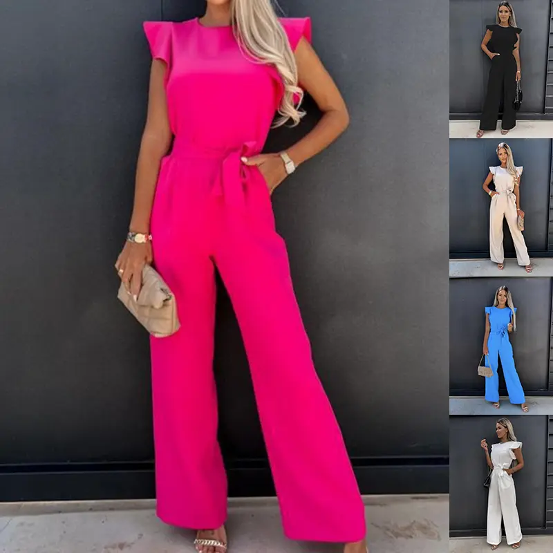 Ruffled Jumpsuit With Belt Summer Fashion Pockets  Sleeveless Overall Pants Straight Onesie Trousers