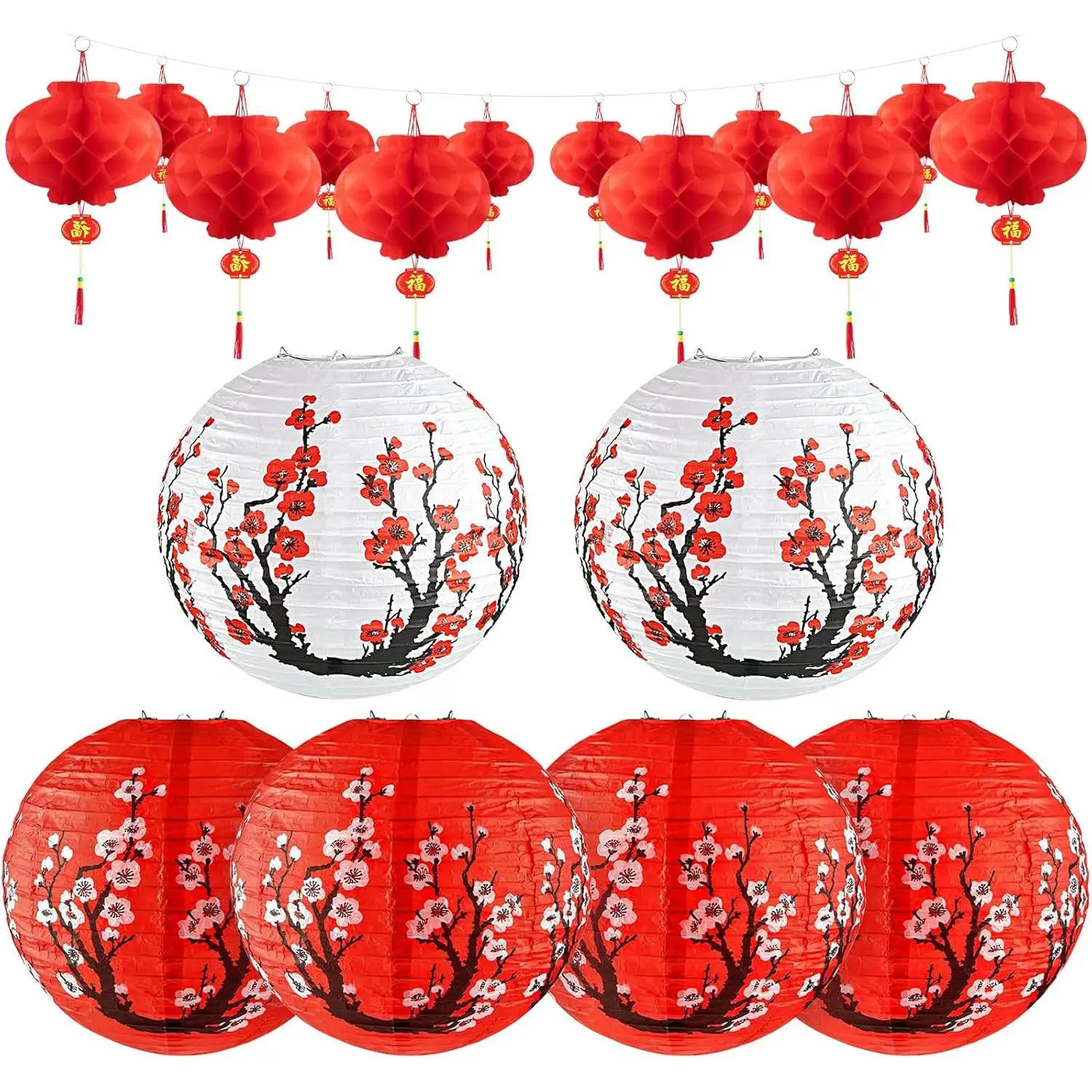 18Pcs Hibachi Party Decorations 12" Cherry Blossom Japanese Lantern & Red Chinese Lanterns Set Asian Theme Party Supplies for Lunar New Year Decorations