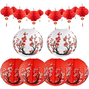 18Pcs Hibachi Party Decorations 12" Cherry Blossom Japanese Lantern & Red Chinese Lanterns Set Asian Theme Party Supplies for Lunar New Year Decorations