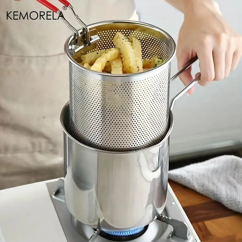 Stainless Steel Deep Fryer Pot with Filter & Anti-scald Handle, 2 Counts/set Kitchen Pot, Cooking Tool for Tempura, Potato Chips, and Chicken