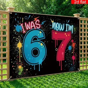 2D flat banner, Decorative banner, 1 piece, birthday theme backdrop, "I WAS 6 NOW I'M 7", red and blue graffiti, polyester, suitable for birthday party celebrations, home room wall, cake table hanging decoration, Party Decorations Banners