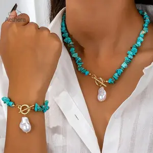 Boho Turquoise Handmade Necklace and Bracelet Set, Retro Turquoise Chips and Baroque Pearl Jewelry Set ,Simple Alloy Fashion Accessory for Daily Wear -  Elegant Women Artificial Baroque Pearls Pendant Necklace Bracelet Chain Jewelry
