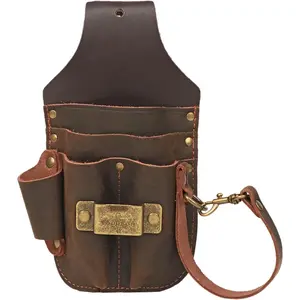 Tourbon Leather Electrician Holster Tape Thong 3 Inch Tunnel Loop Multipurpose Maintenance Tool Pouch 5 Pockets with Tape Holder for Belt