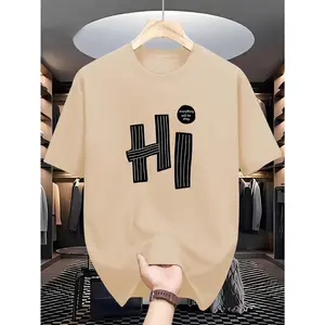 "hi" Letter, Pattern Print, Men's T-Shirt, Men's Novelty Pattern Design T-Shirt, Summer Casual Comfortable T-Shirt, Fashion Short Sleeve Comfortable Versatile Summer T-Shirt Top Round Neck Menswear Shortsleeve Polyester