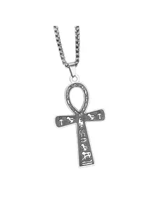 Ancient Symbol Cross Pendant Necklace, Titanium Steel Non-Tarnish Chain, Mystical Vintage Jewelry