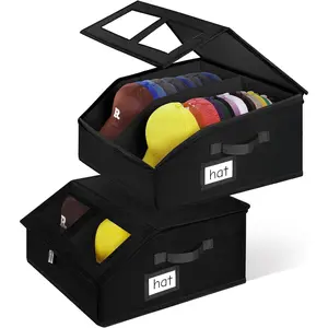 2 Pack Hat Storage for Baseball Caps-Holds Up to 48 Caps, Hat Organizer for Closet Stackable Hat Box with Cardboard, Dustproof Baseball Cap Organizer with 2 Handles for Home Travel (Black, 2Pack)
